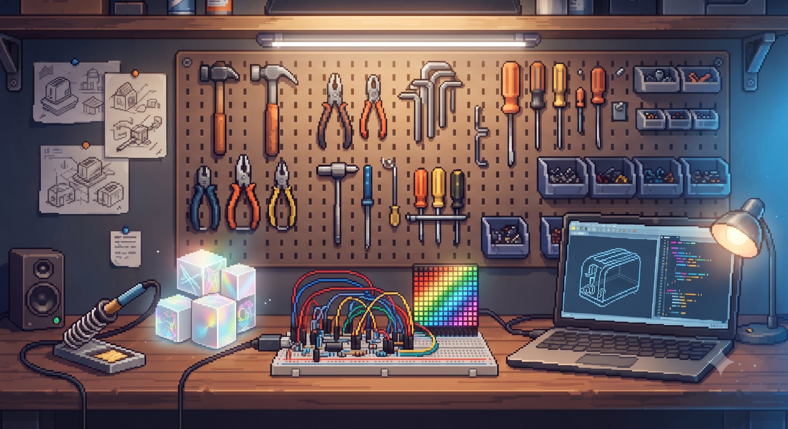 An illustrated maker's workbench: a pegboard of tools, a laptop showing code, an Arduino breadboard rig, and glowing projection-mapped boxes.